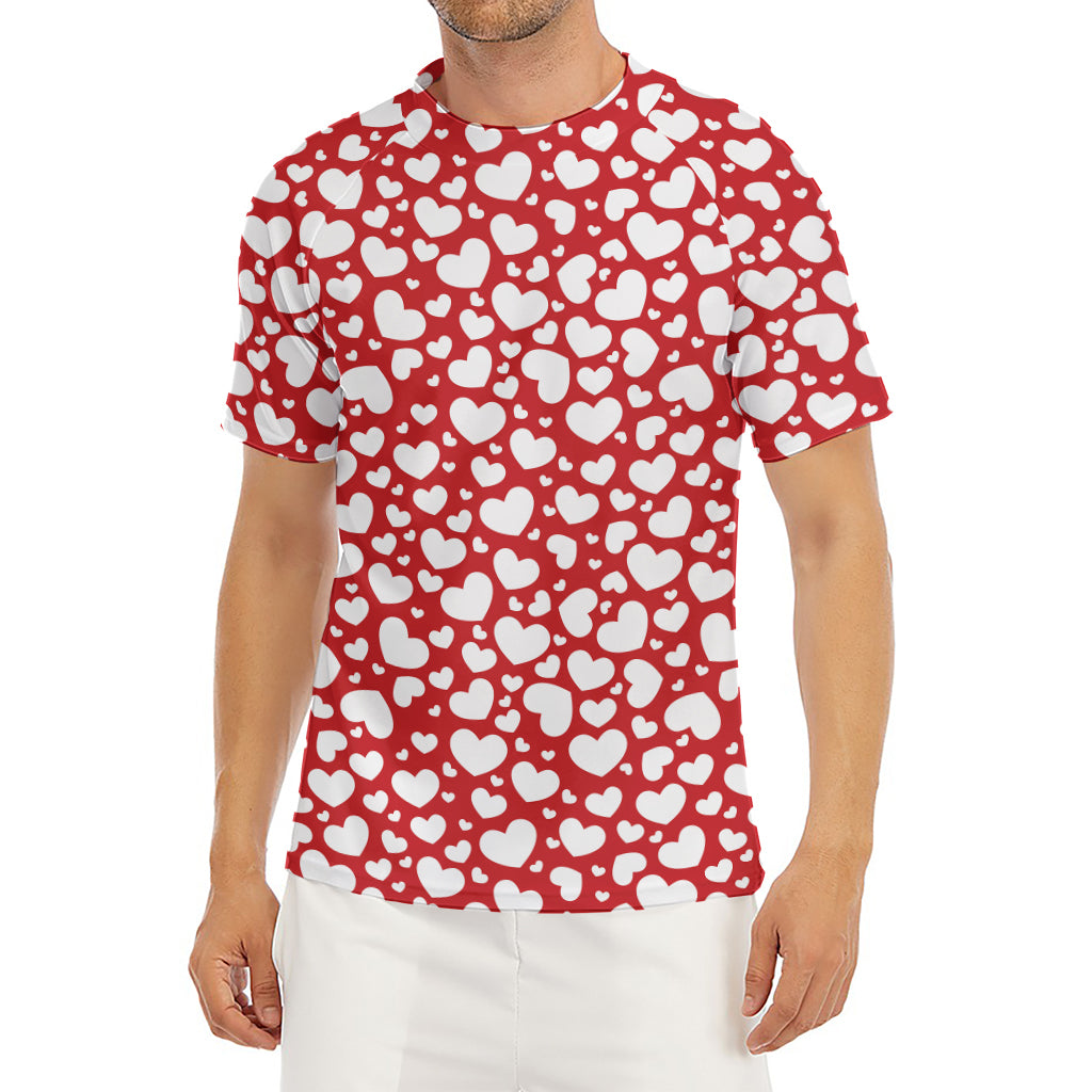 White And Red Heart Pattern Print Men's Short Sleeve Rash Guard