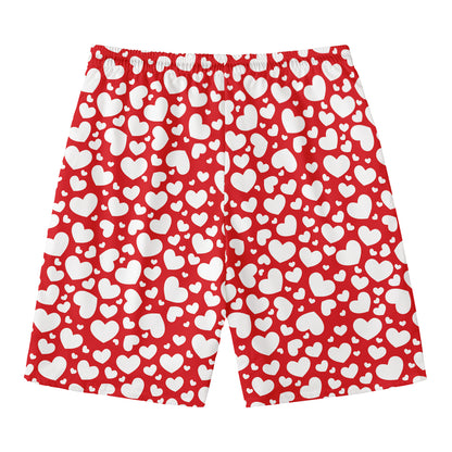 White And Red Heart Pattern Print Men's Swim Trunks