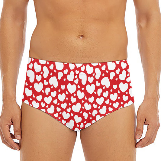 White And Red Heart Pattern Print Men's Triangle Swim Briefs