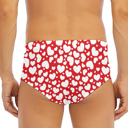 White And Red Heart Pattern Print Men's Triangle Swim Briefs