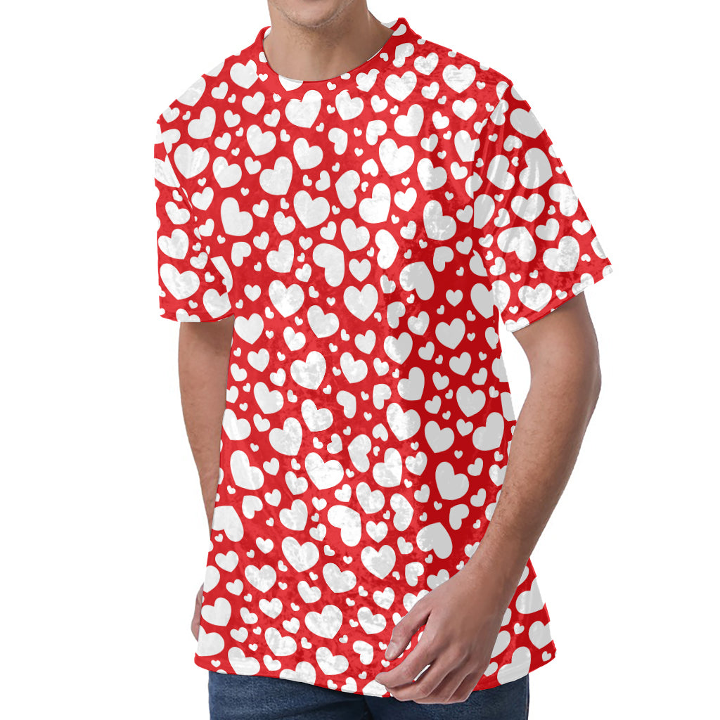 White And Red Heart Pattern Print Men's Velvet T-Shirt