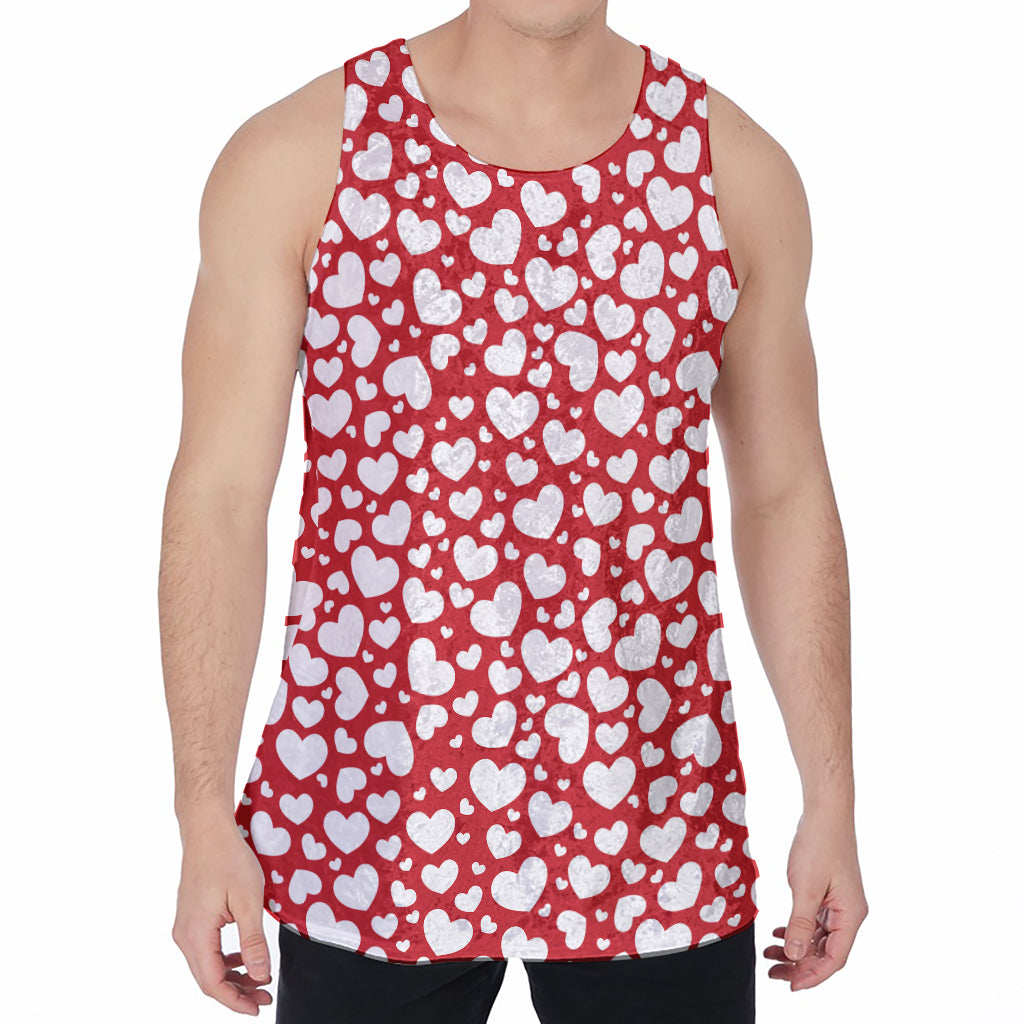 White And Red Heart Pattern Print Men's Velvet Tank Top