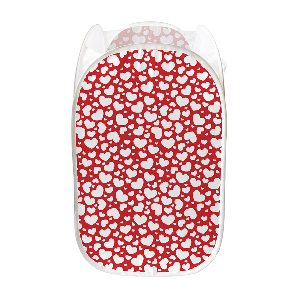 White And Red Heart Pattern Print Mesh Laundry Hamper