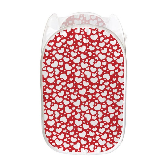 White And Red Heart Pattern Print Mesh Laundry Hamper