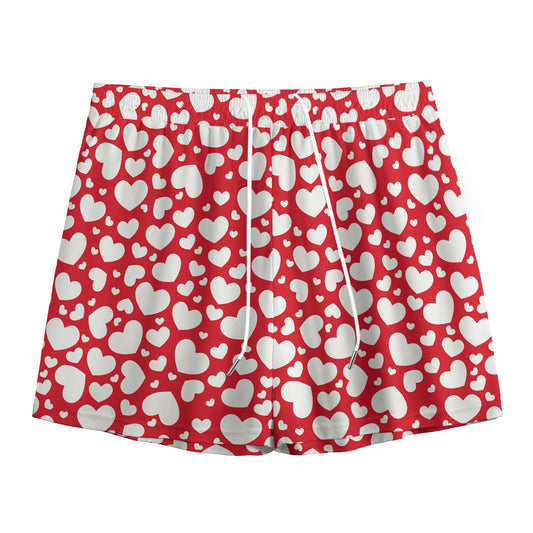 White And Red Heart Pattern Print Mesh Shorts