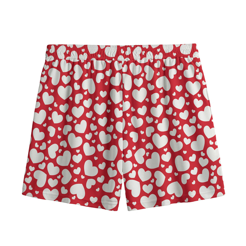 White And Red Heart Pattern Print Mesh Shorts