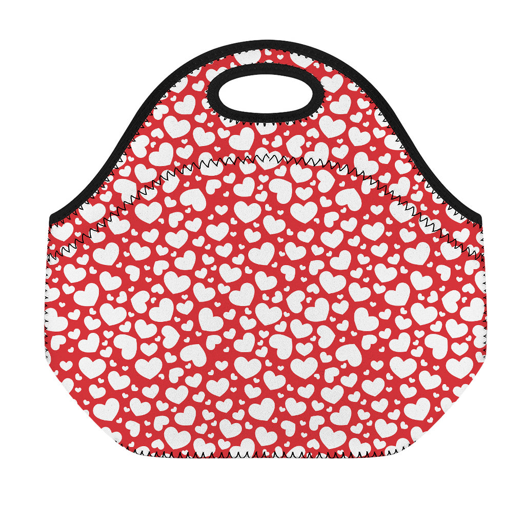 White And Red Heart Pattern Print Neoprene Lunch Bag
