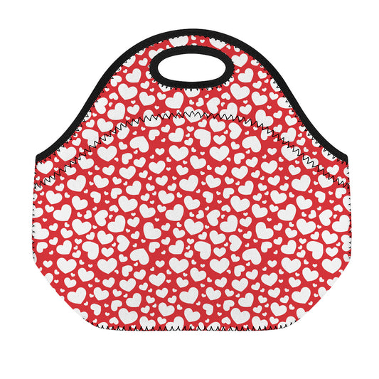 White And Red Heart Pattern Print Neoprene Lunch Bag