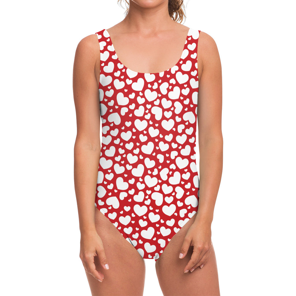 White And Red Heart Pattern Print One Piece Swimsuit