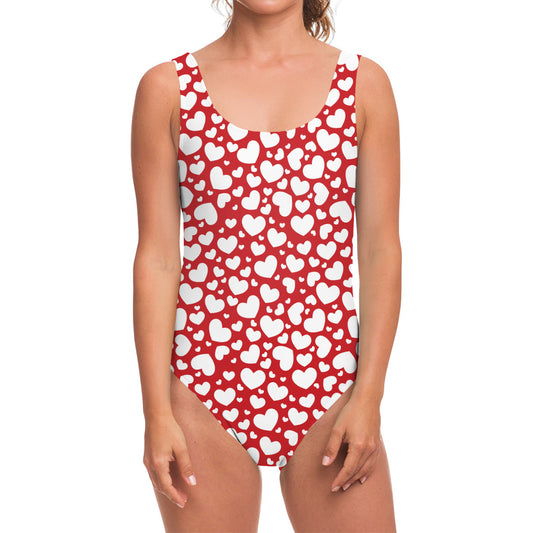 White And Red Heart Pattern Print One Piece Swimsuit