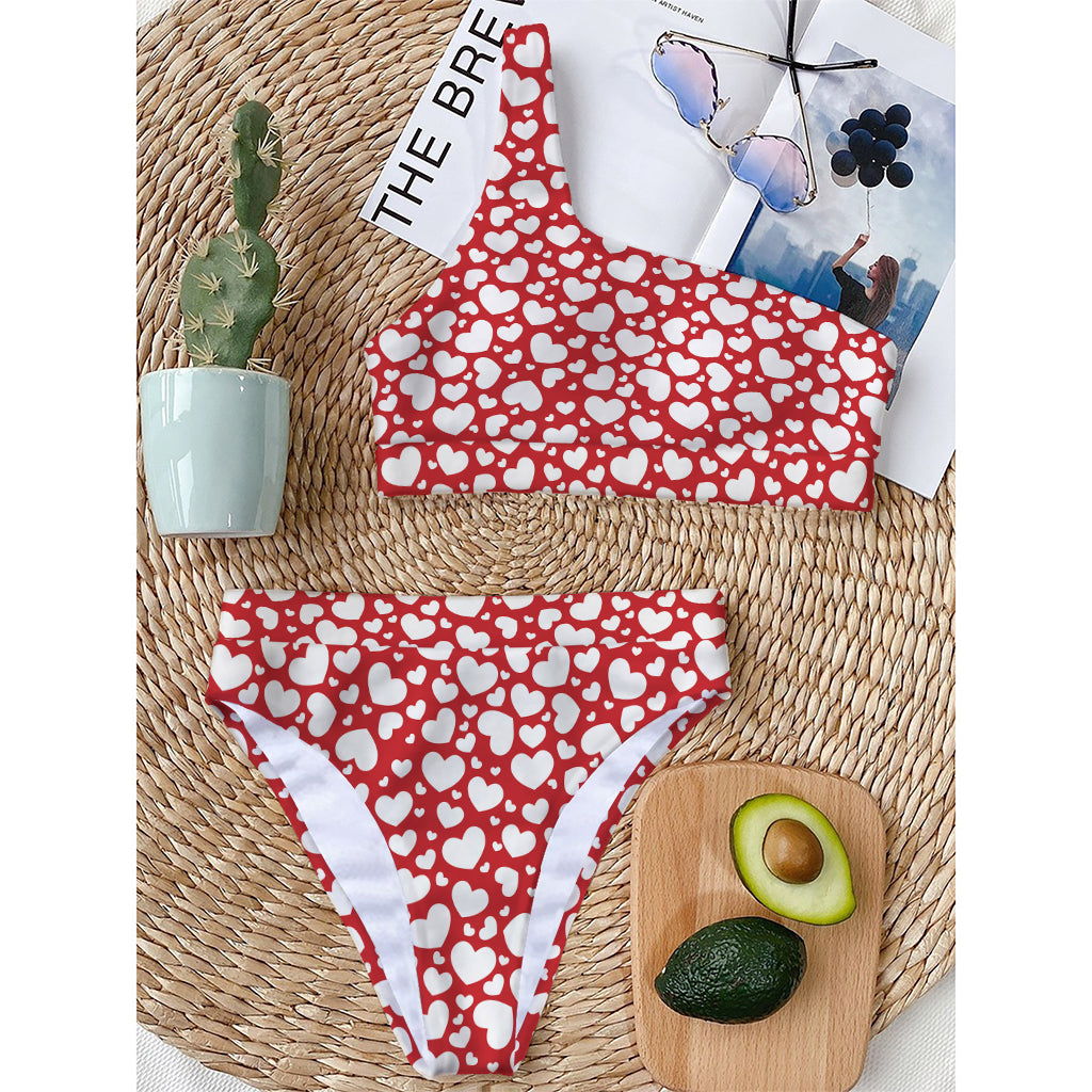 White And Red Heart Pattern Print One Shoulder Bikini Top