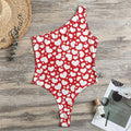 White And Red Heart Pattern Print One Shoulder Bodysuit