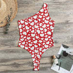 White And Red Heart Pattern Print One Shoulder Bodysuit