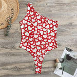 White And Red Heart Pattern Print One Shoulder Bodysuit