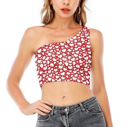 White And Red Heart Pattern Print One Shoulder Crop Top