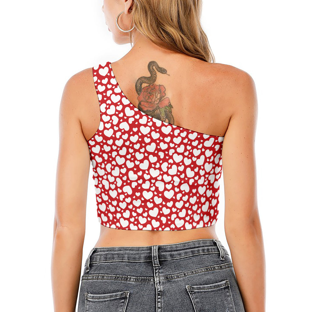 White And Red Heart Pattern Print One Shoulder Crop Top