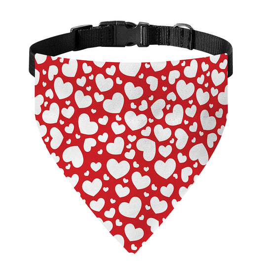White And Red Heart Pattern Print Over The Collar Dog Bandana
