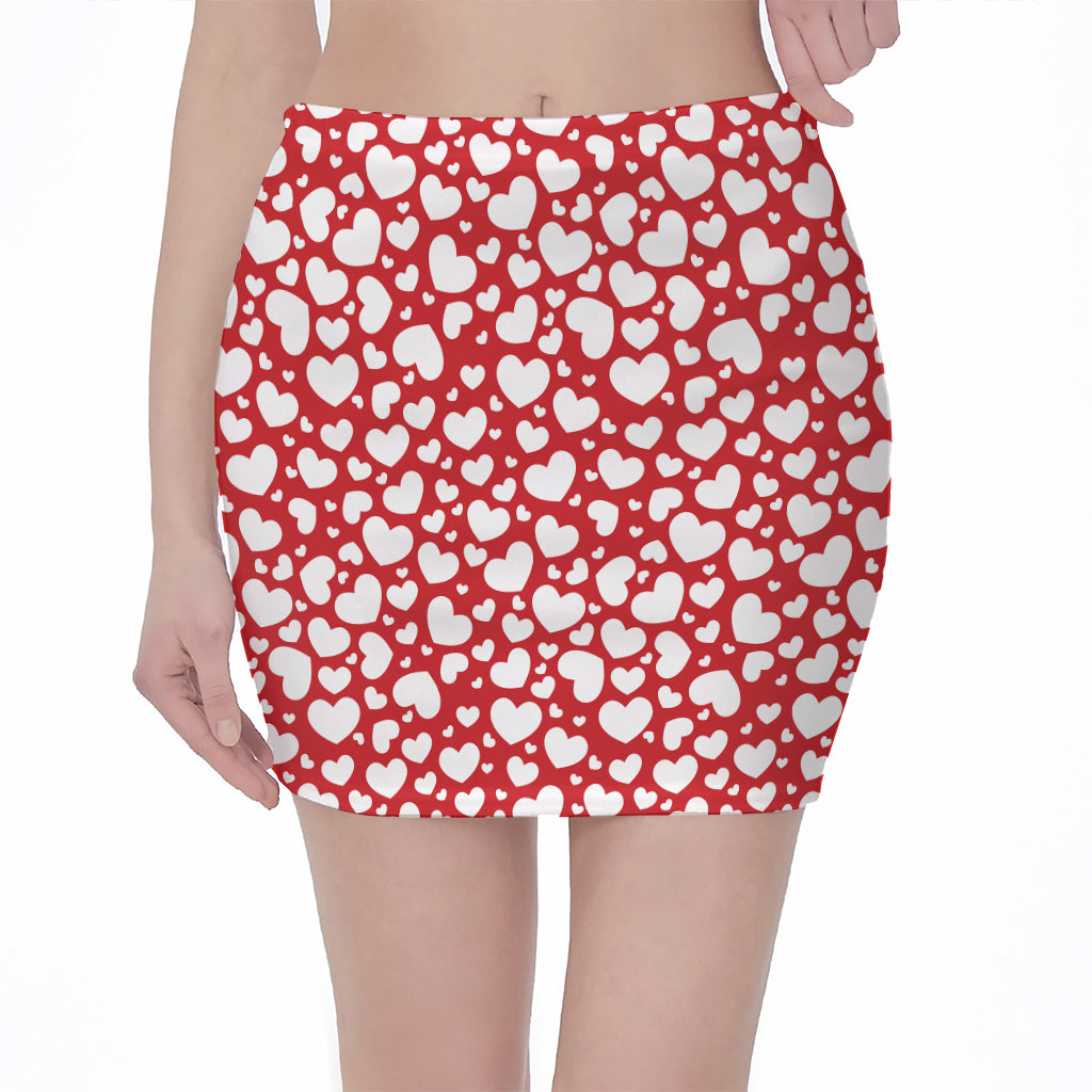 White And Red Heart Pattern Print Pencil Mini Skirt