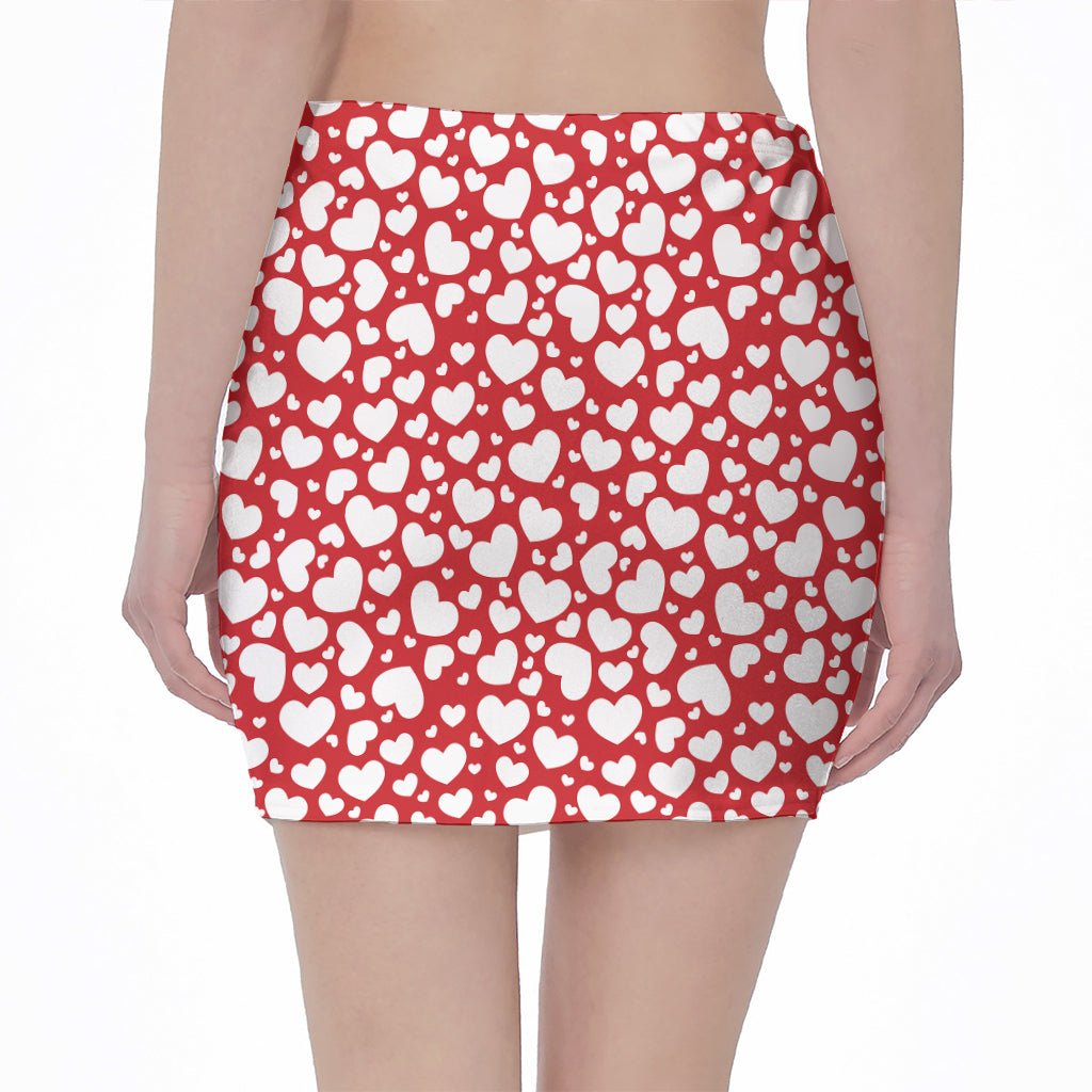 White And Red Heart Pattern Print Pencil Mini Skirt