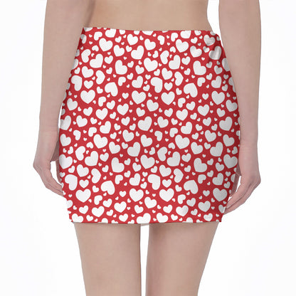 White And Red Heart Pattern Print Pencil Mini Skirt