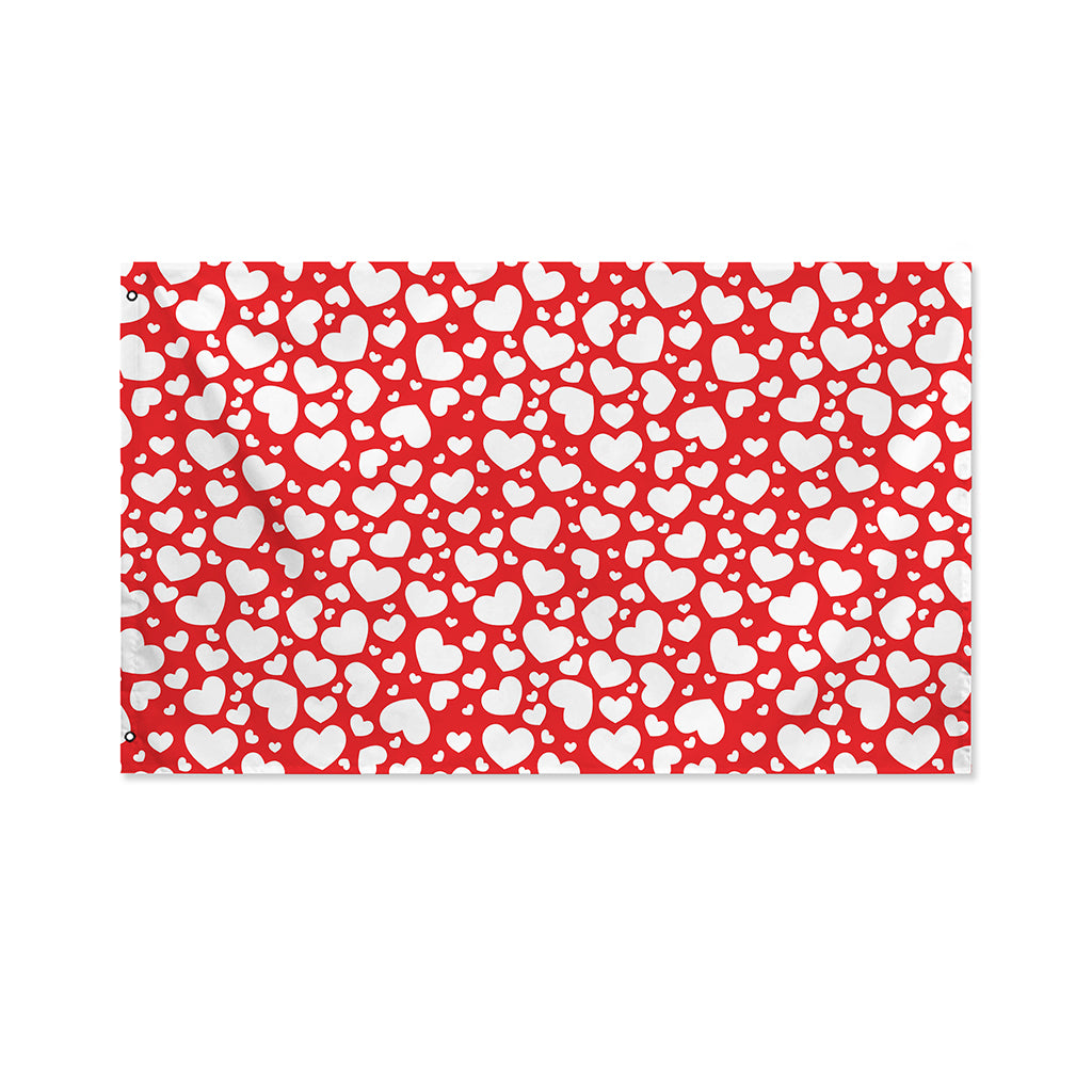 White And Red Heart Pattern Print Polyester Flag