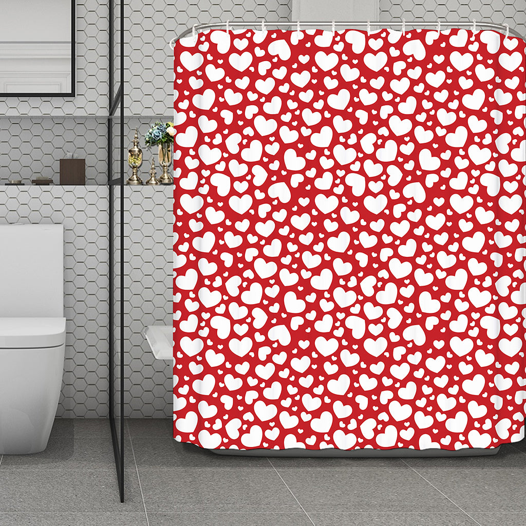 White And Red Heart Pattern Print Polyester Shower Curtain
