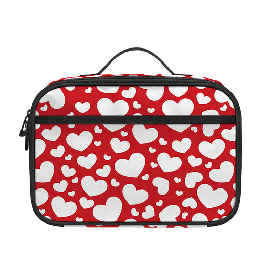 White And Red Heart Pattern Print Portable Lunch Bag
