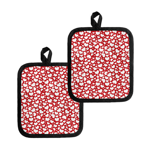 White And Red Heart Pattern Print Pot Holders