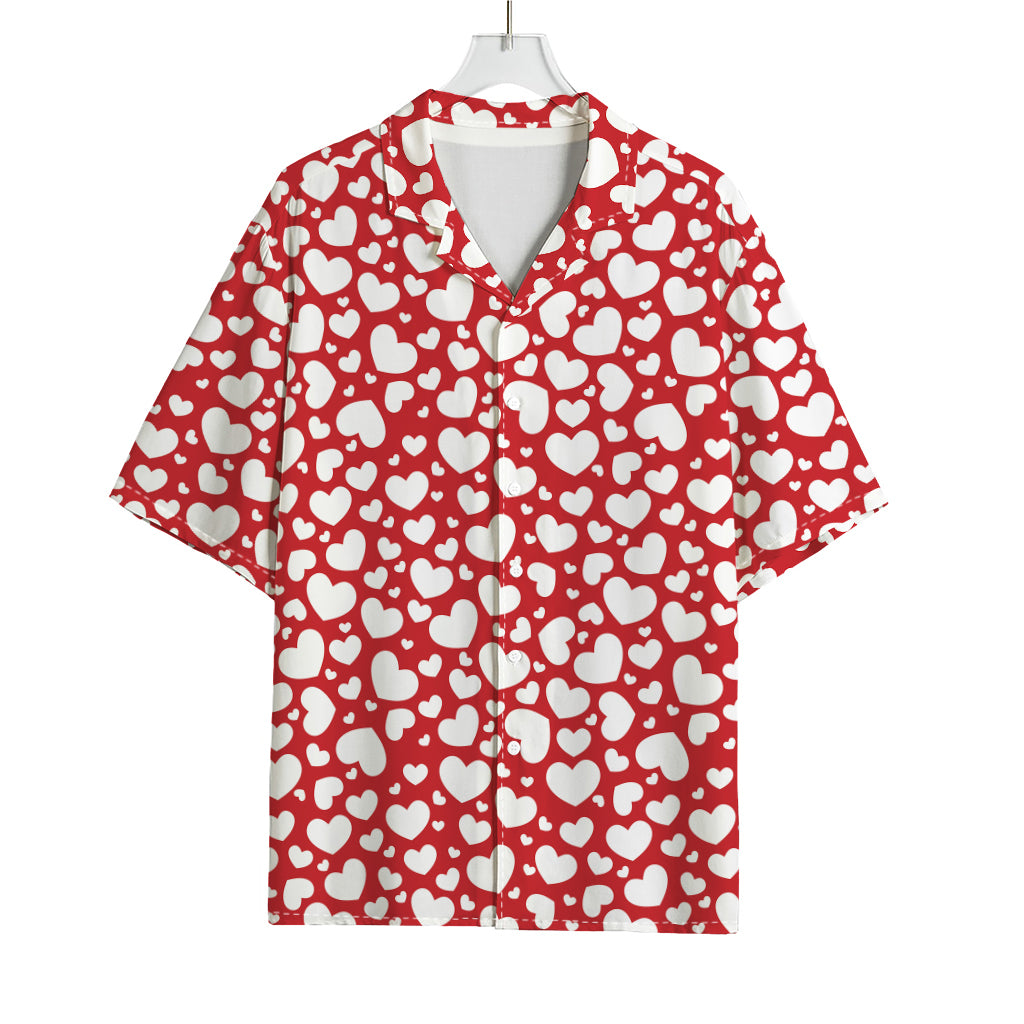White And Red Heart Pattern Print Rayon Hawaiian Shirt