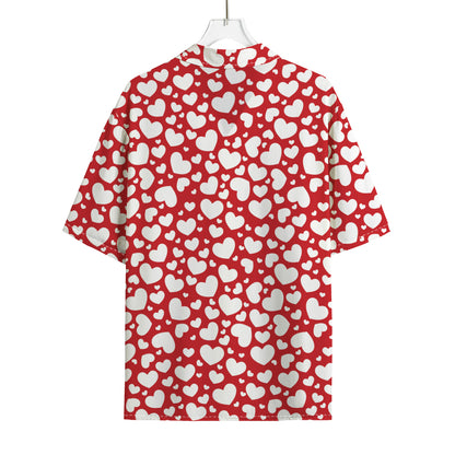 White And Red Heart Pattern Print Rayon Hawaiian Shirt