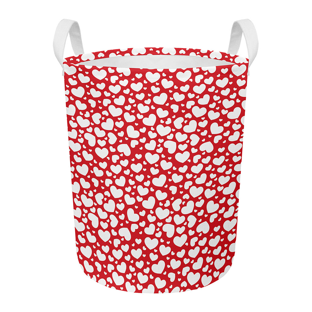 White And Red Heart Pattern Print Round Laundry Basket