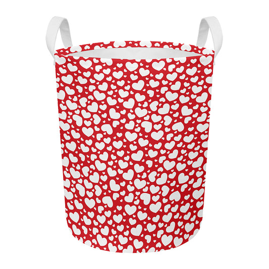 White And Red Heart Pattern Print Round Laundry Basket