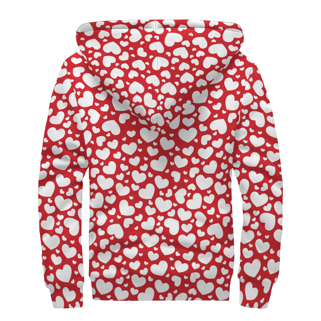 White And Red Heart Pattern Print Sherpa Lined Zip Up Hoodie