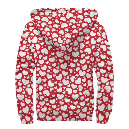White And Red Heart Pattern Print Sherpa Lined Zip Up Hoodie