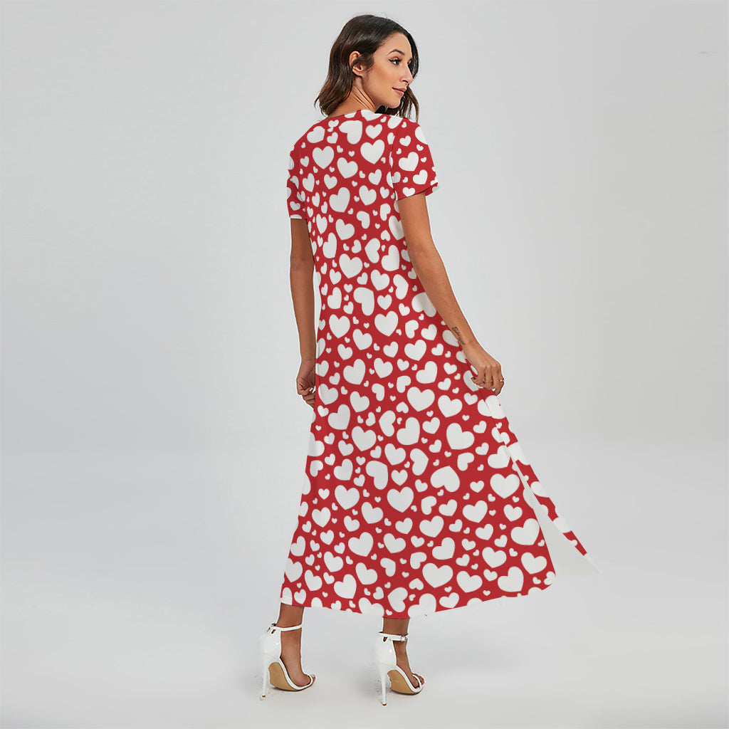 White And Red Heart Pattern Print Short Sleeve Maxi Dress
