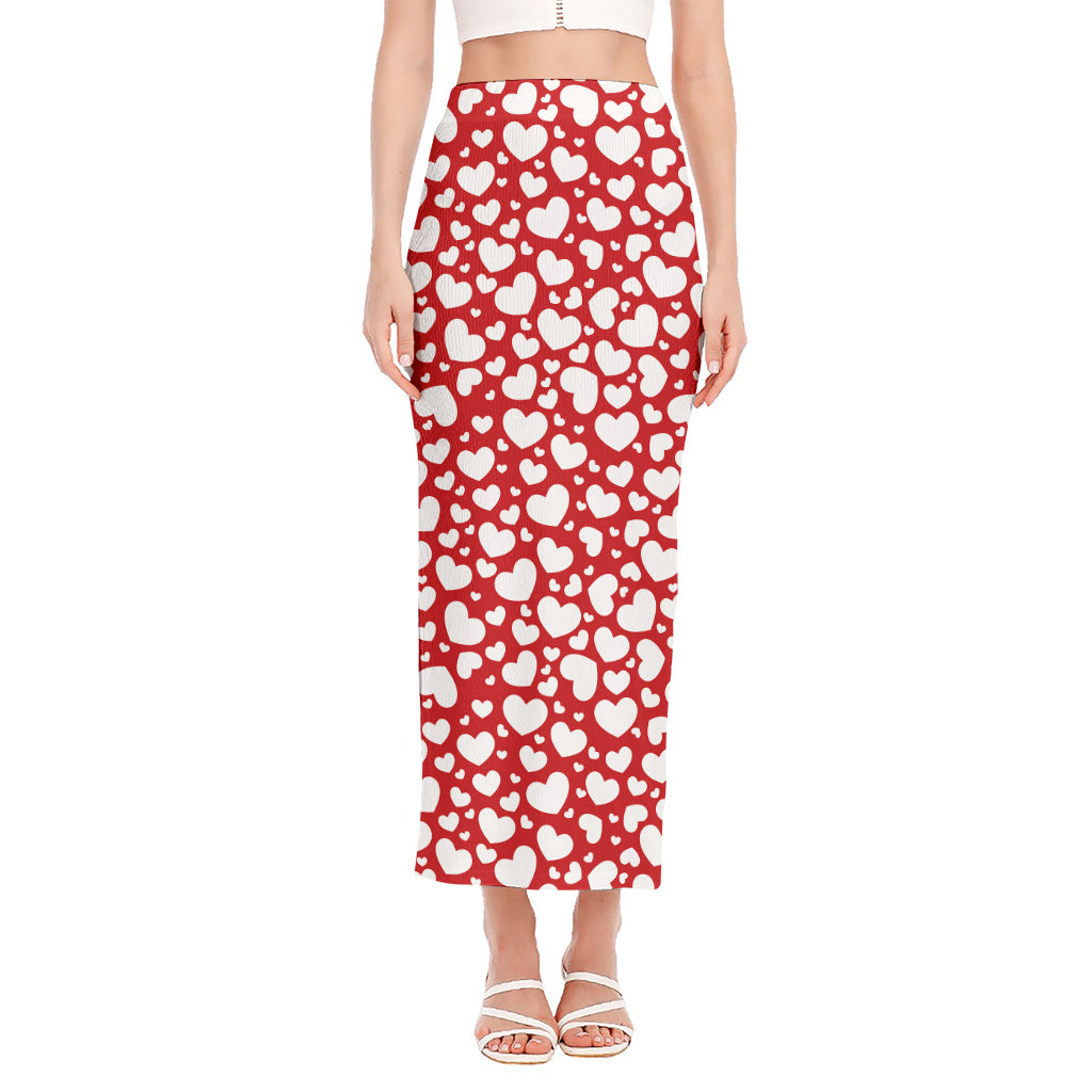 White And Red Heart Pattern Print Side Slit Maxi Skirt