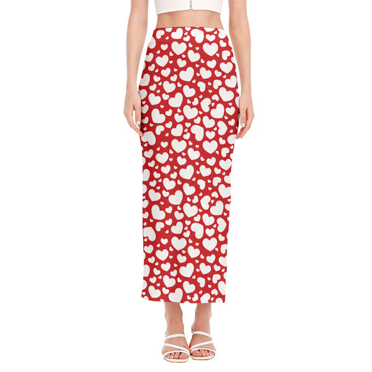 White And Red Heart Pattern Print Side Slit Maxi Skirt