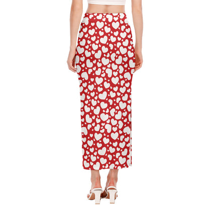 White And Red Heart Pattern Print Side Slit Maxi Skirt