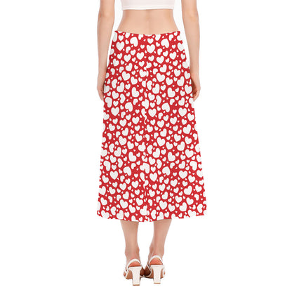 White And Red Heart Pattern Print Side Slit Midi Skirt