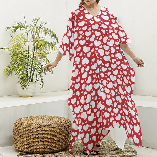 White And Red Heart Pattern Print Silk V-Neck Kaftan Dress