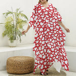 White And Red Heart Pattern Print Silk V-Neck Kaftan Dress