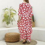 White And Red Heart Pattern Print Silk V-Neck Kaftan Dress