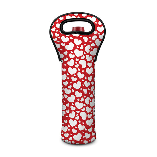 White And Red Heart Pattern Print Single Neoprene Wine Tote