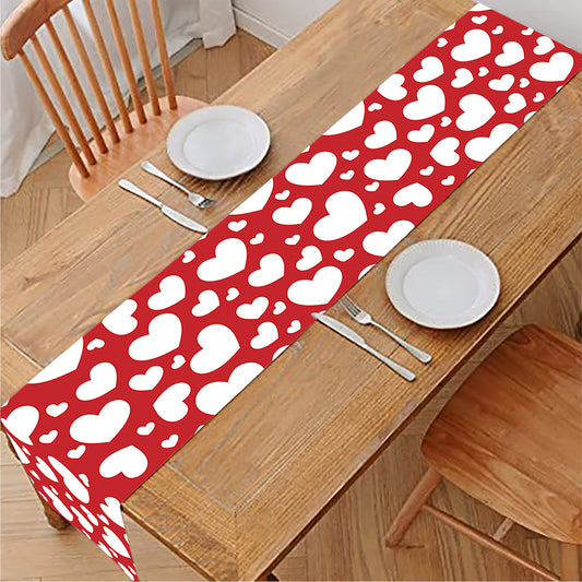 White And Red Heart Pattern Print Table Runner