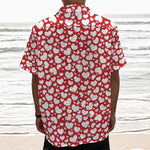 White And Red Heart Pattern Print Textured Short Sleeve Shirt