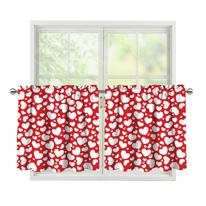 White And Red Heart Pattern Print Tier Curtains