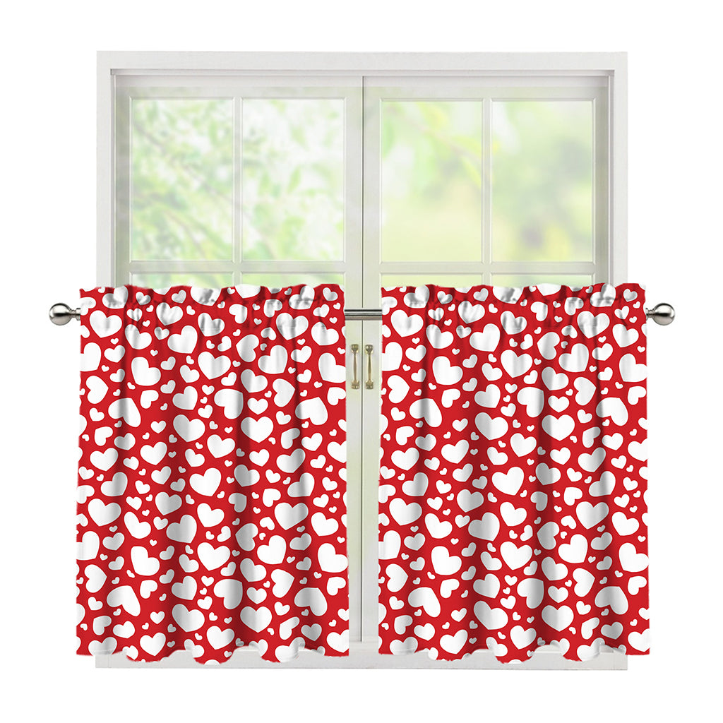 White And Red Heart Pattern Print Tier Curtains