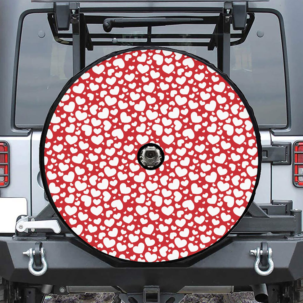 White And Red Heart Pattern Print Tire Cover With Camera Hole