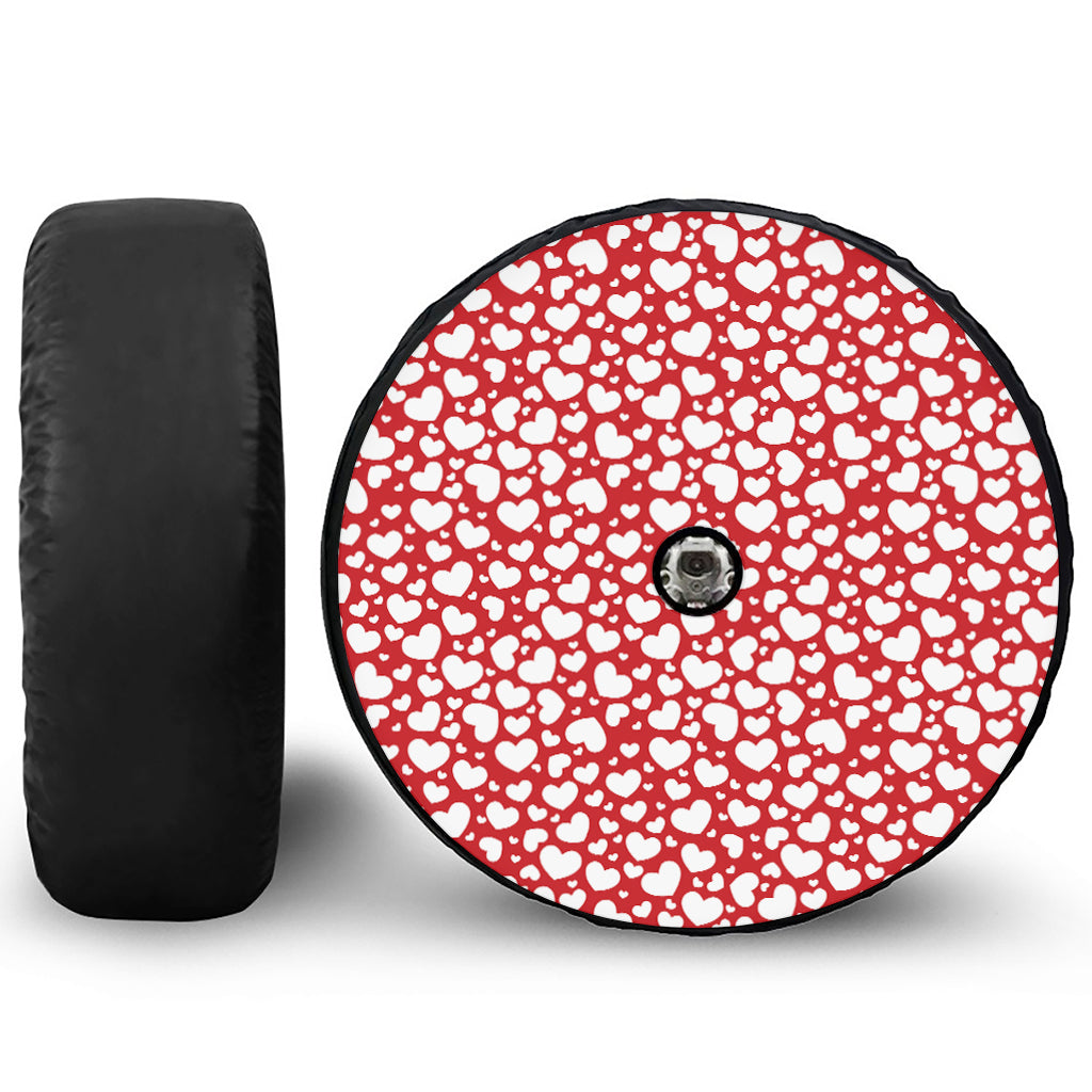 White And Red Heart Pattern Print Tire Cover With Camera Hole