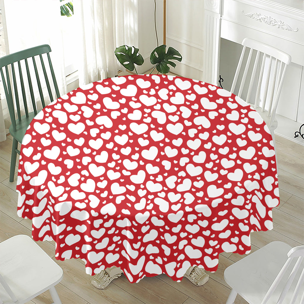 White And Red Heart Pattern Print Waterproof Round Tablecloth